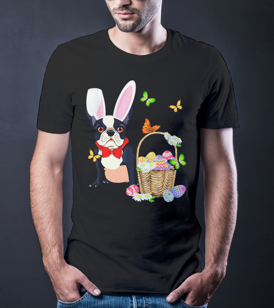 French Bulldog Bunny Hat Rabbit Easter Basket Eggs Butterflies T-Shirt