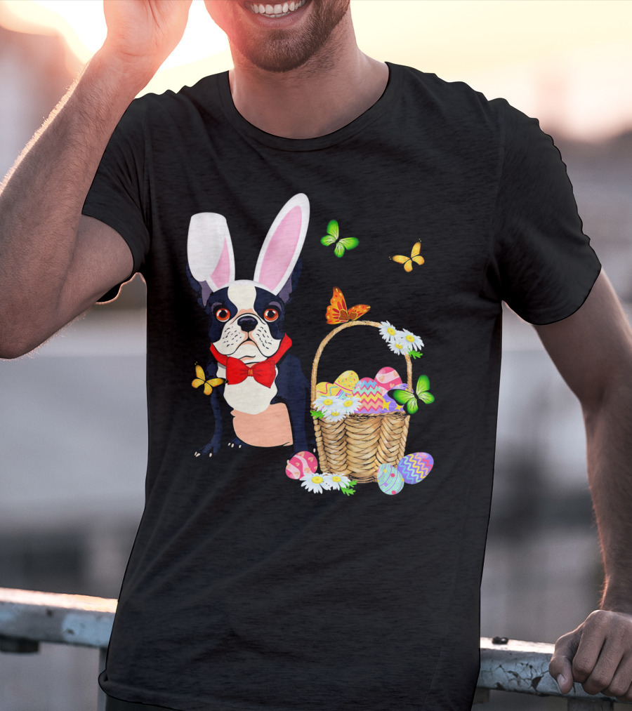 French Bulldog Bunny Hat Rabbit Easter Basket Eggs Butterflies T-Shirt