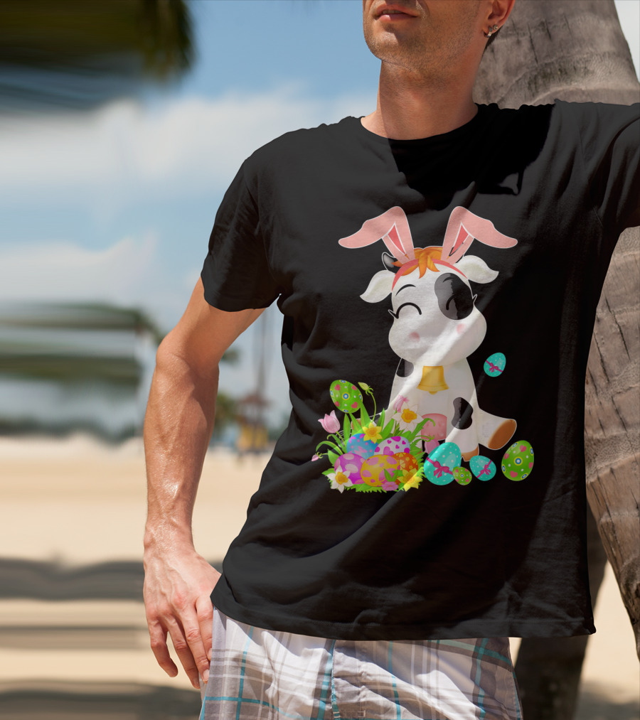 Happy Cow Easter Bunny With Colorful Eggs And Flowers T-Shirt