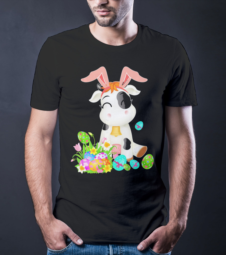 Happy Cow Easter Bunny With Colorful Eggs And Flowers T-Shirt