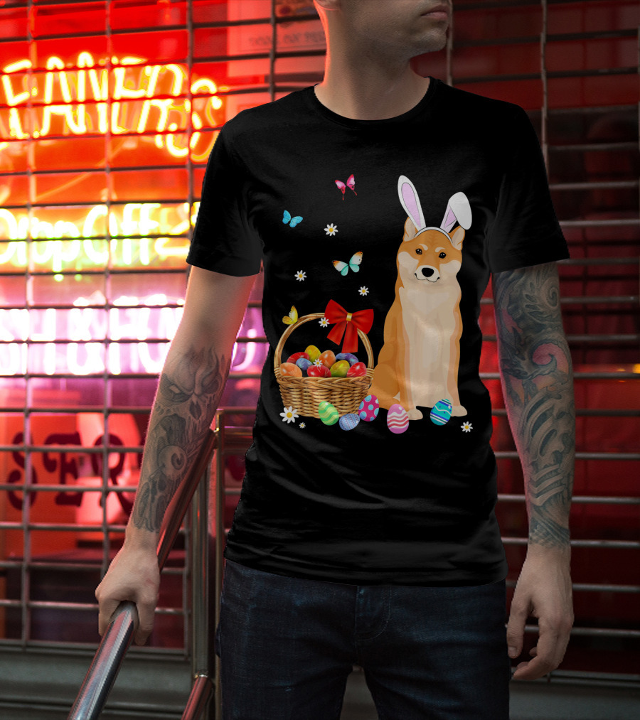 Shiba Inu Bunny Ear Rabbit Easter Eggs Basket Butterflies Flowers T-Shirt