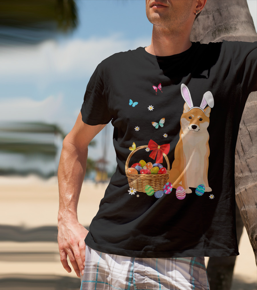 Shiba Inu Bunny Ear Rabbit Easter Eggs Basket Butterflies Flowers T-Shirt