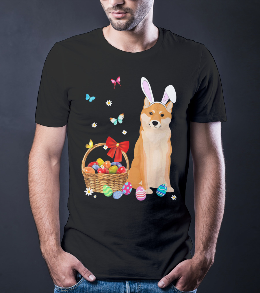 Shiba Inu Bunny Ear Rabbit Easter Eggs Basket Butterflies Flowers T-Shirt