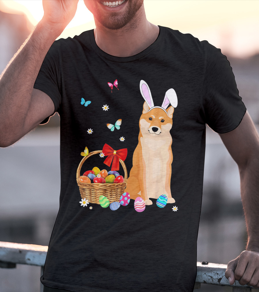 Shiba Inu Bunny Ear Rabbit Easter Eggs Basket Butterflies Flowers T-Shirt