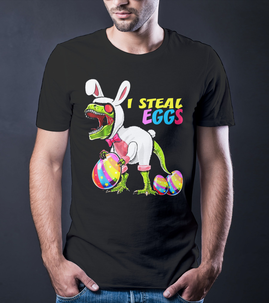 I Steal Easter Eggs Dinosaur Rex Bunny In Costume Holding Colorful Striped Eggs T-Shirt