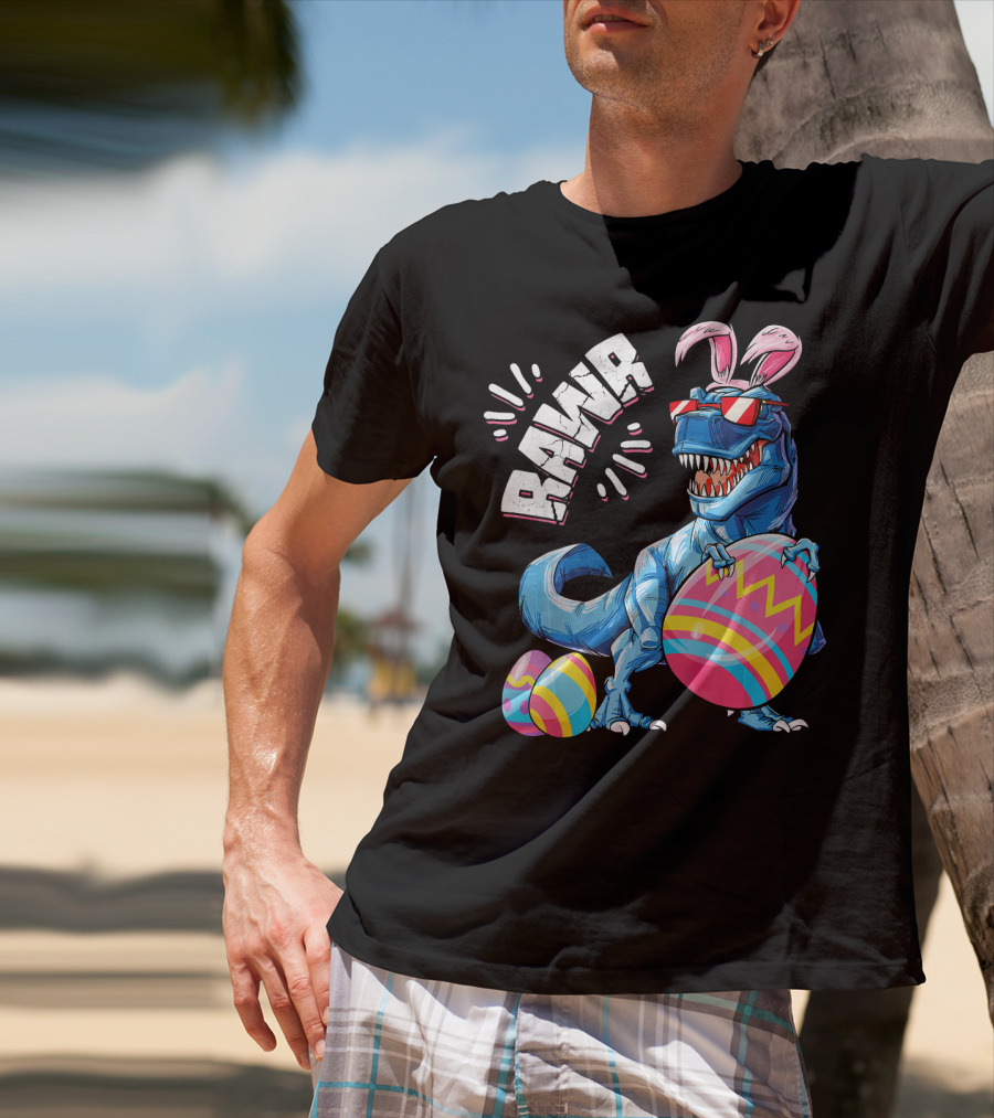 RAWR Easter Bunny Dinosaur T-Rex With Colorful Eggs T-Shirt