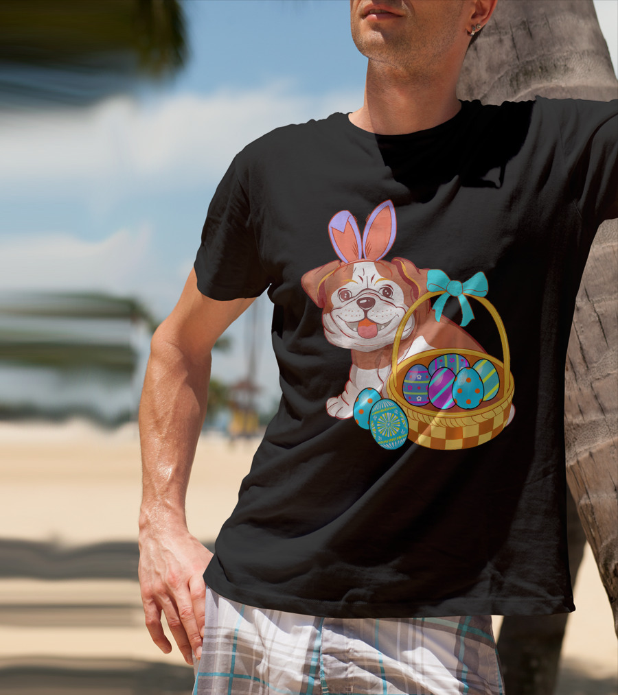 Easter Bulldog Holiday Bunny Ears With Easter Egg Basket T-Shirt
