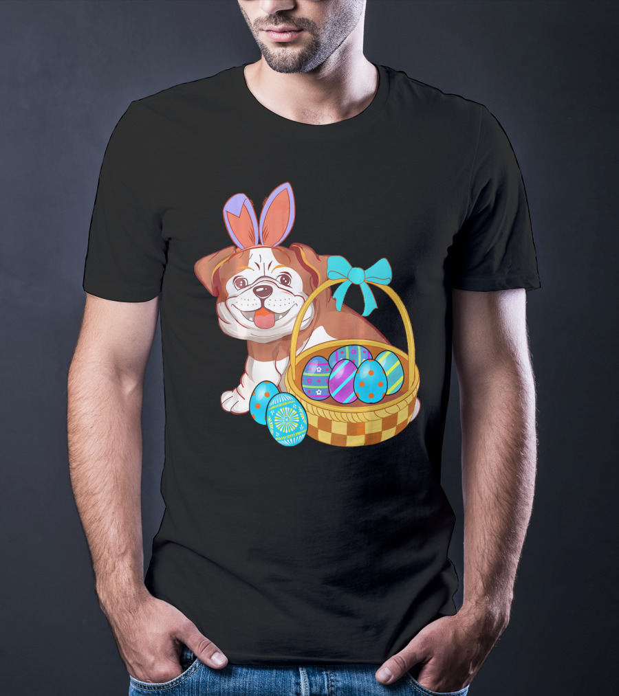 Easter Bulldog Holiday Bunny Ears With Easter Egg Basket T-Shirt