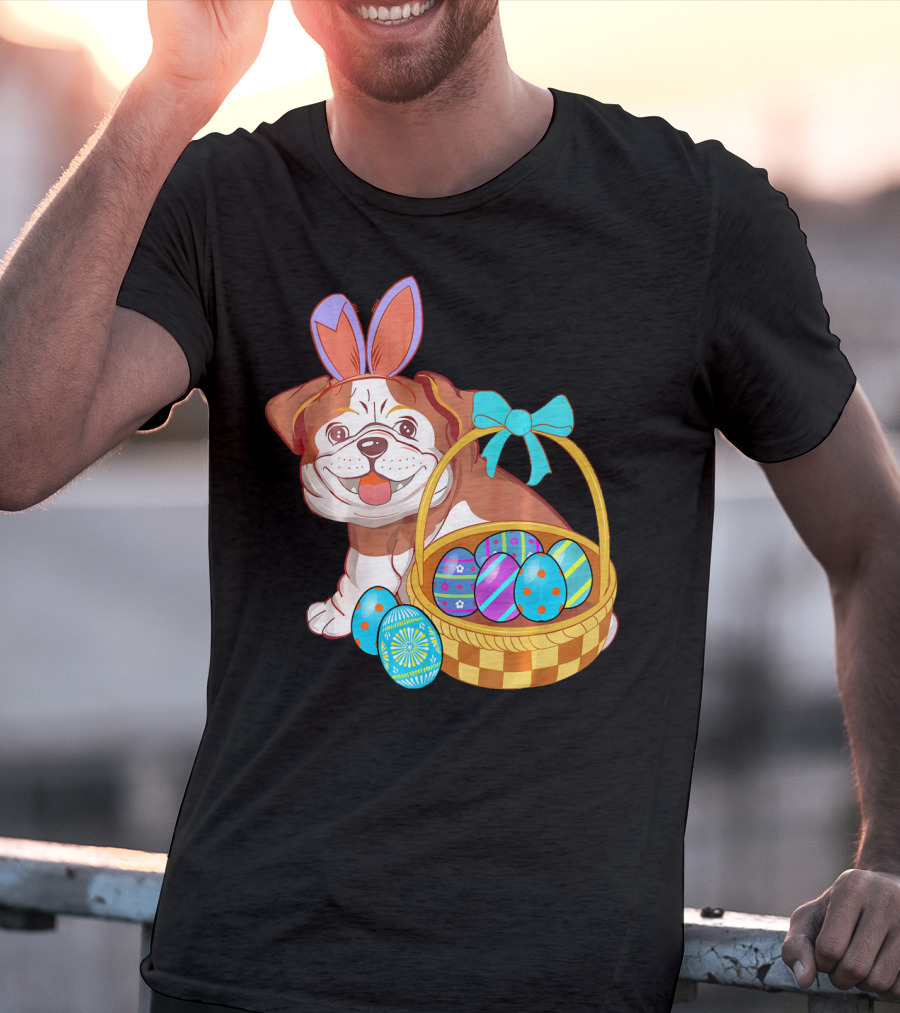 Easter Bulldog Holiday Bunny Ears With Easter Egg Basket T-Shirt