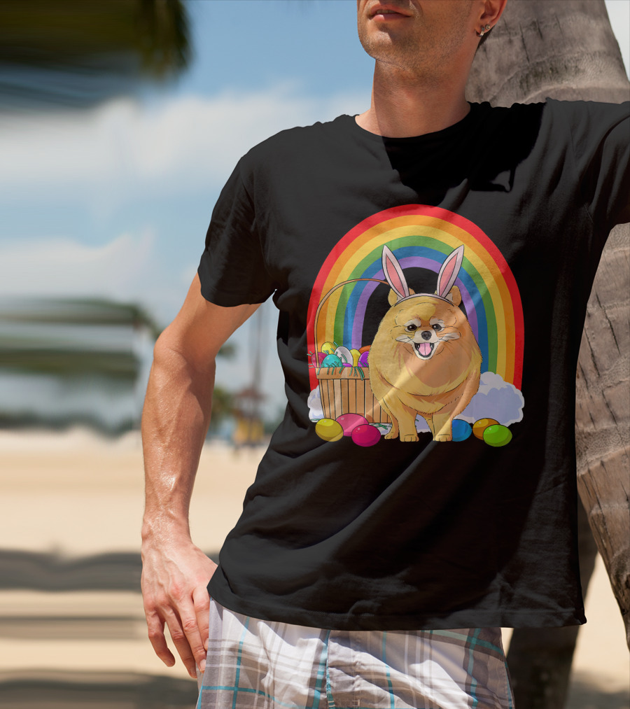 Easter Eggs Pomeranian Bunny Dog Rainbow Basket T-Shirt
