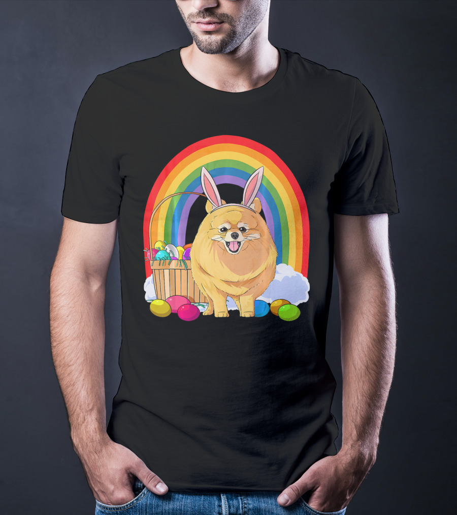 Easter Eggs Pomeranian Bunny Dog Rainbow Basket T-Shirt