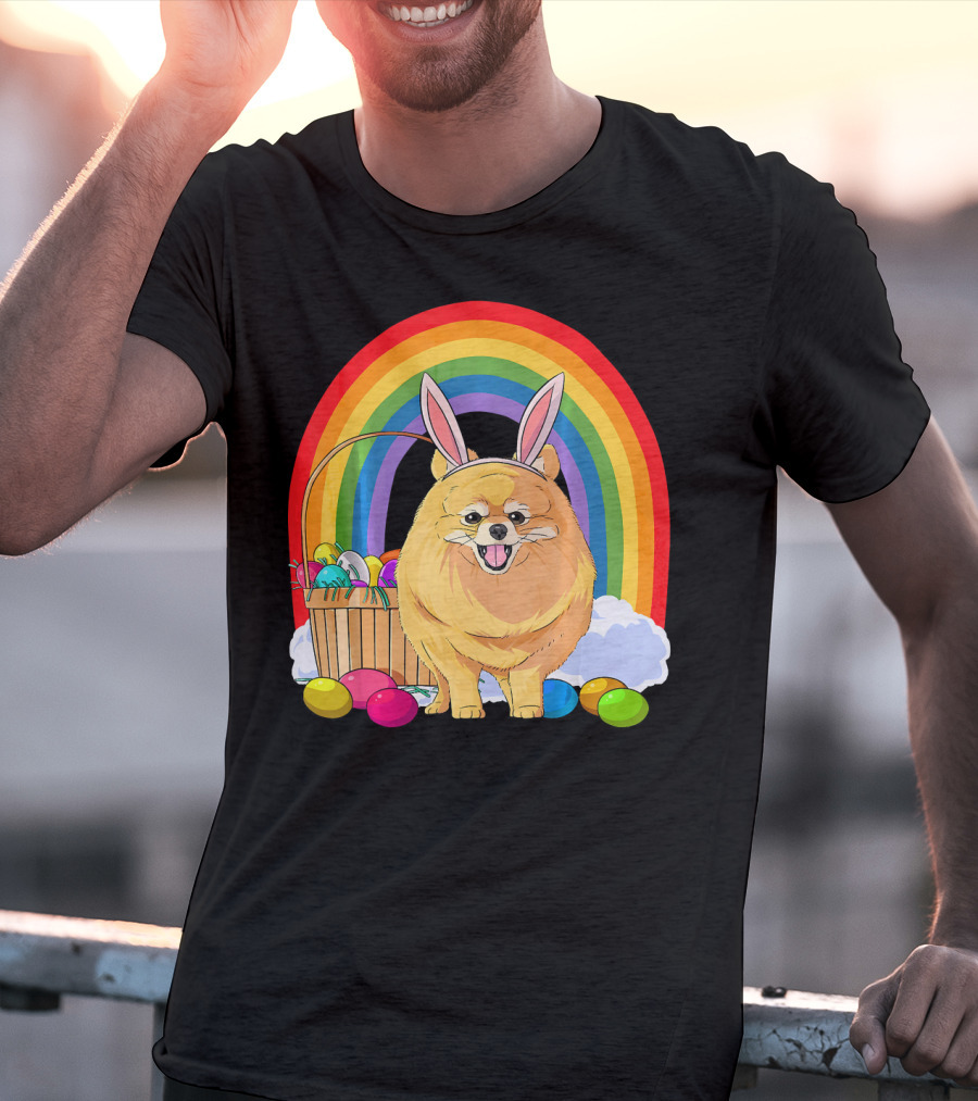 Easter Eggs Pomeranian Bunny Dog Rainbow Basket T-Shirt
