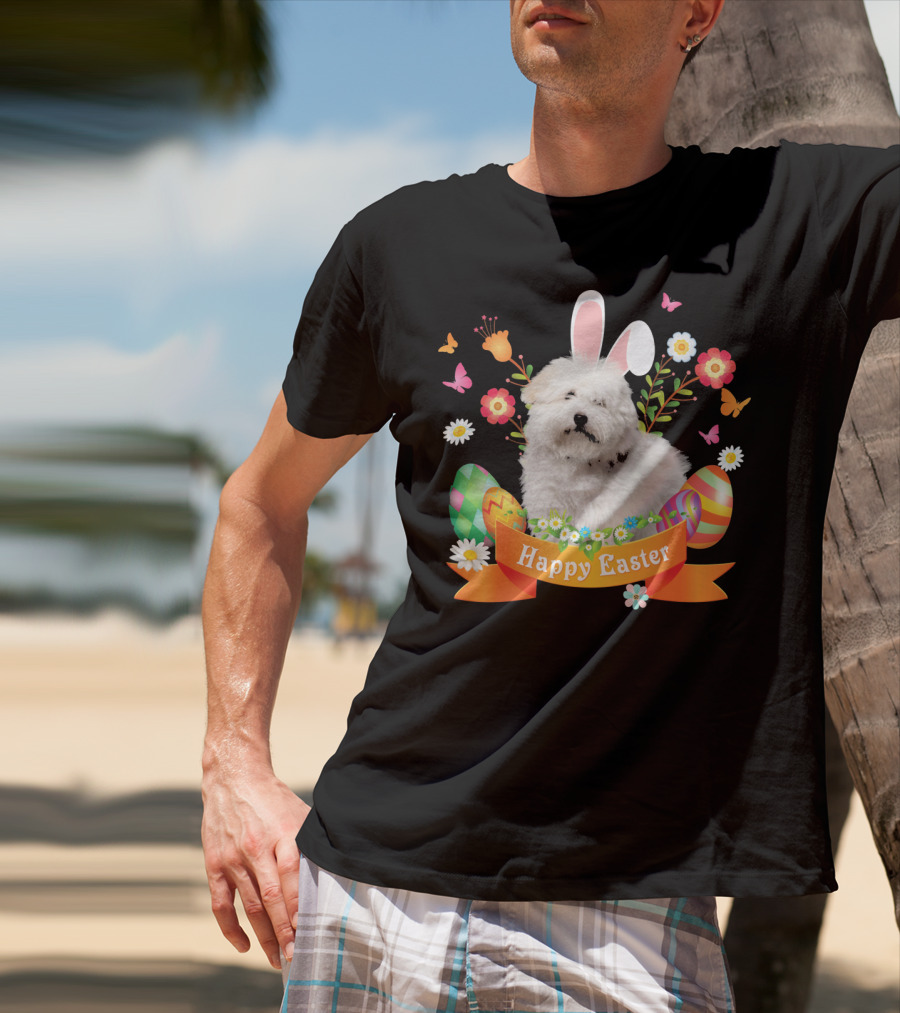 Happy Easter Bunny Coton De Tulear Dog With Eggs And Flowers T-Shirt