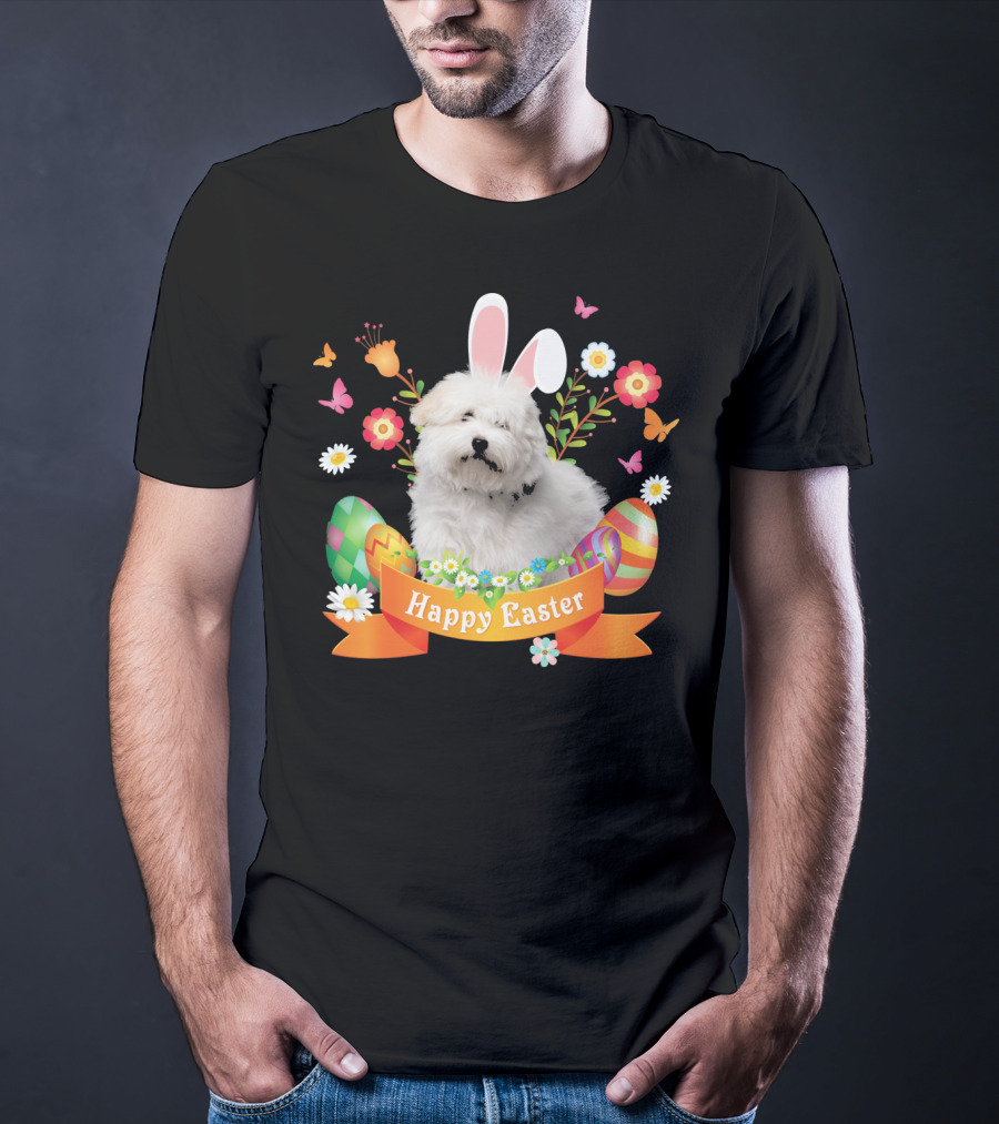 Happy Easter Bunny Coton De Tulear Dog With Eggs And Flowers T-Shirt