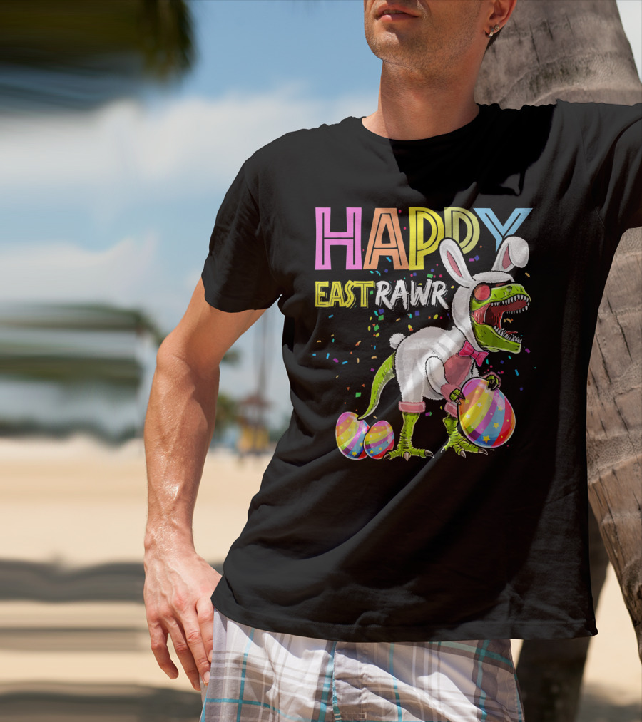 Happy Eastrawr Dinosaur Bunny With Eggs And Confetti T-Shirt