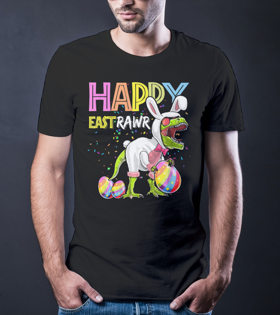 Happy Eastrawr Dinosaur Bunny With Eggs And Confetti T-Shirt
