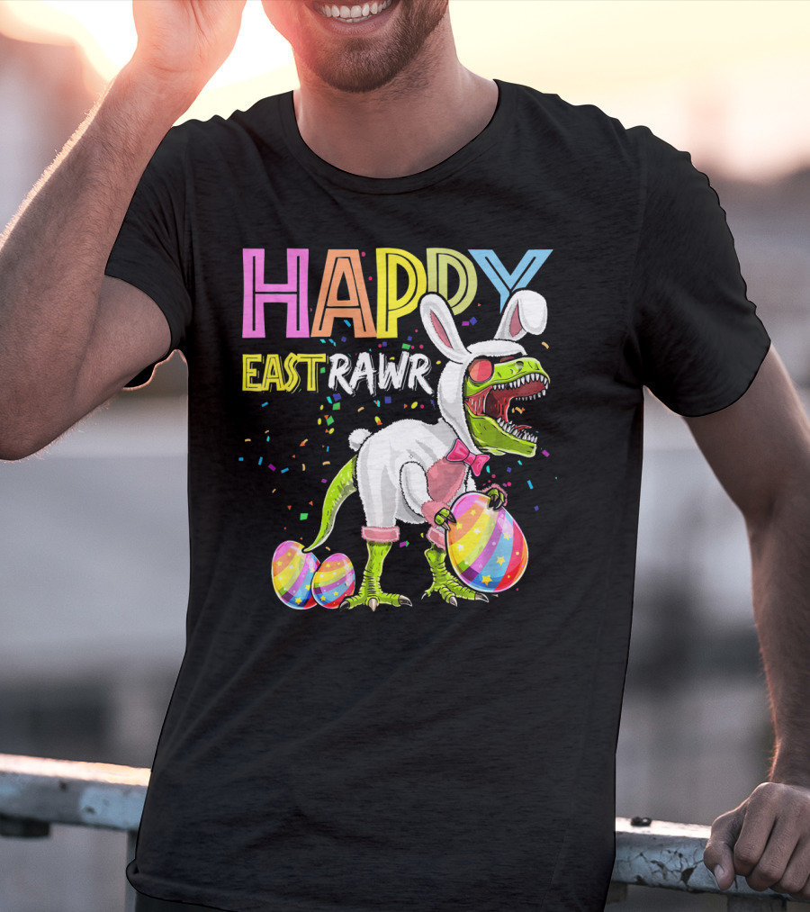 Happy Eastrawr Dinosaur Bunny With Eggs And Confetti T-Shirt