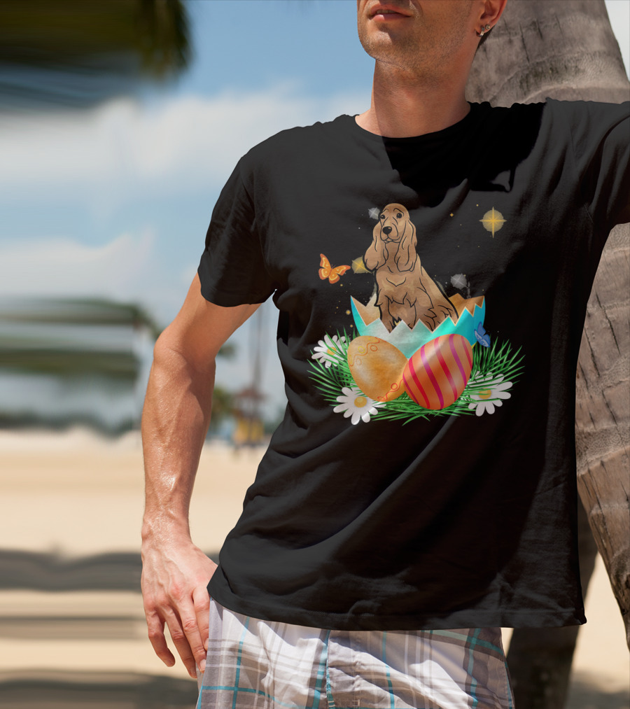 Easter Day Cocker Spaniel In Egg With Butterflies And Daisies T-Shirt