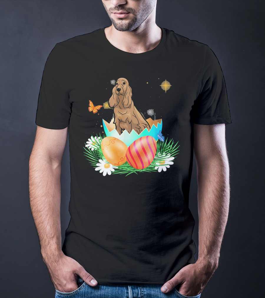 Easter Day Cocker Spaniel In Egg With Butterflies And Daisies T-Shirt