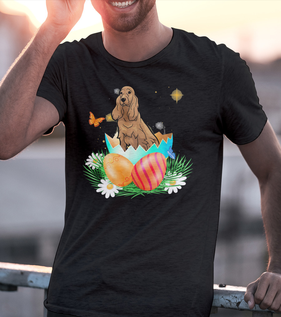 Easter Day Cocker Spaniel In Egg With Butterflies And Daisies T-Shirt