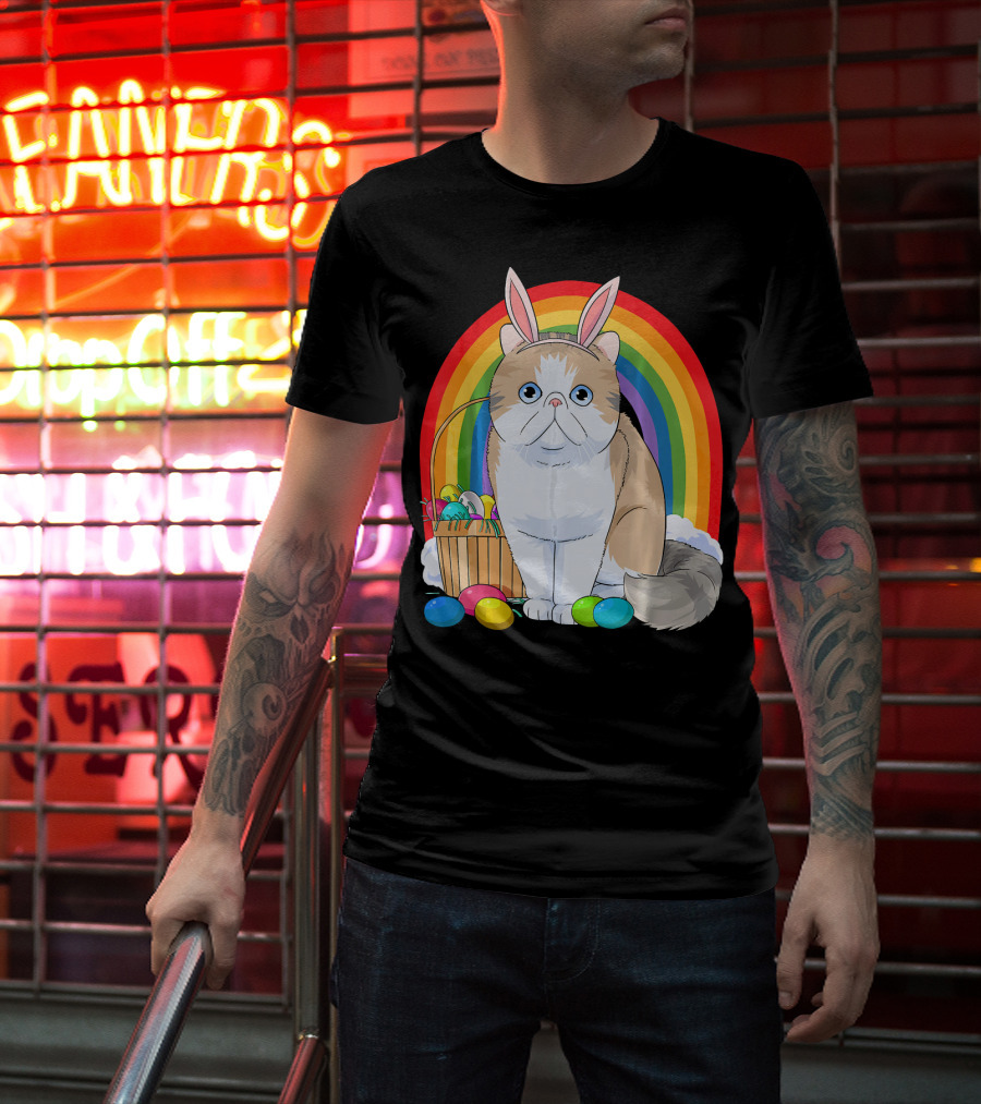 Exotic Shorthair Cat Bunny With Easter Eggs In Front Of Rainbow T-Shirt