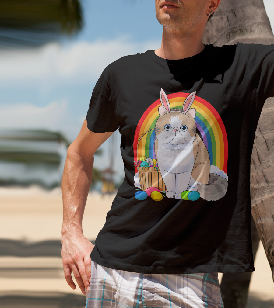 Exotic Shorthair Cat Bunny With Easter Eggs In Front Of Rainbow T-Shirt