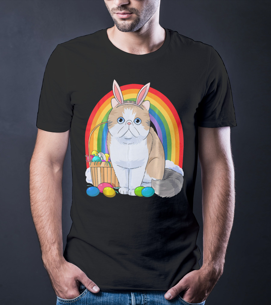 Exotic Shorthair Cat Bunny With Easter Eggs In Front Of Rainbow T-Shirt