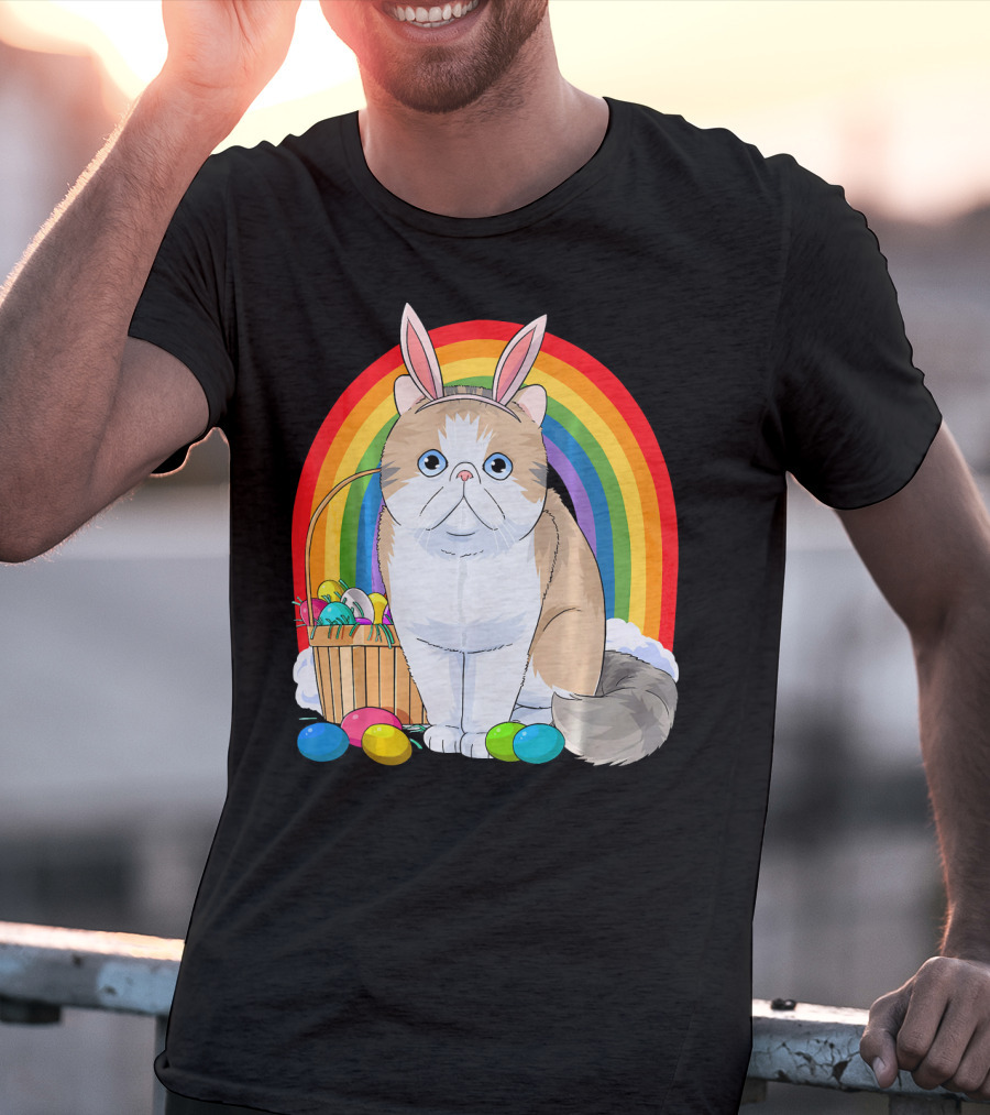 Exotic Shorthair Cat Bunny With Easter Eggs In Front Of Rainbow T-Shirt