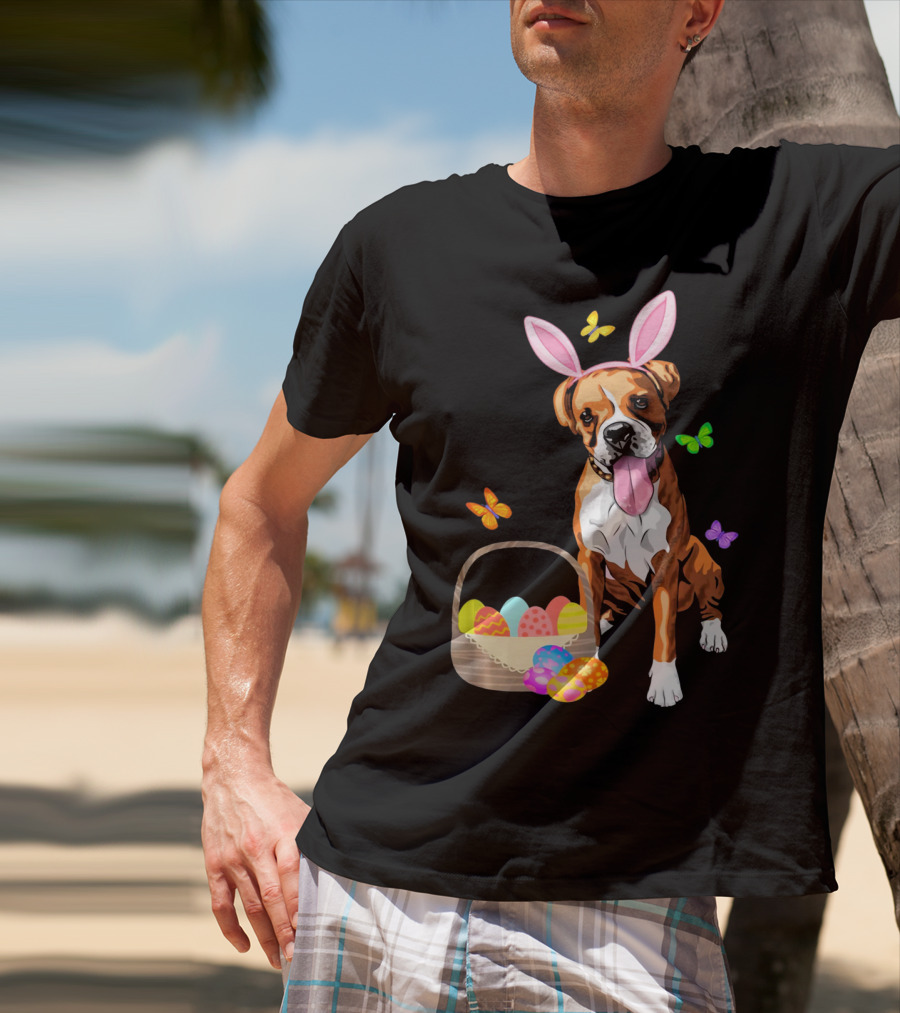 Girls Happy Easter Bunny Boxer Dog With Easter Eggs And Butterflies T-Shirt