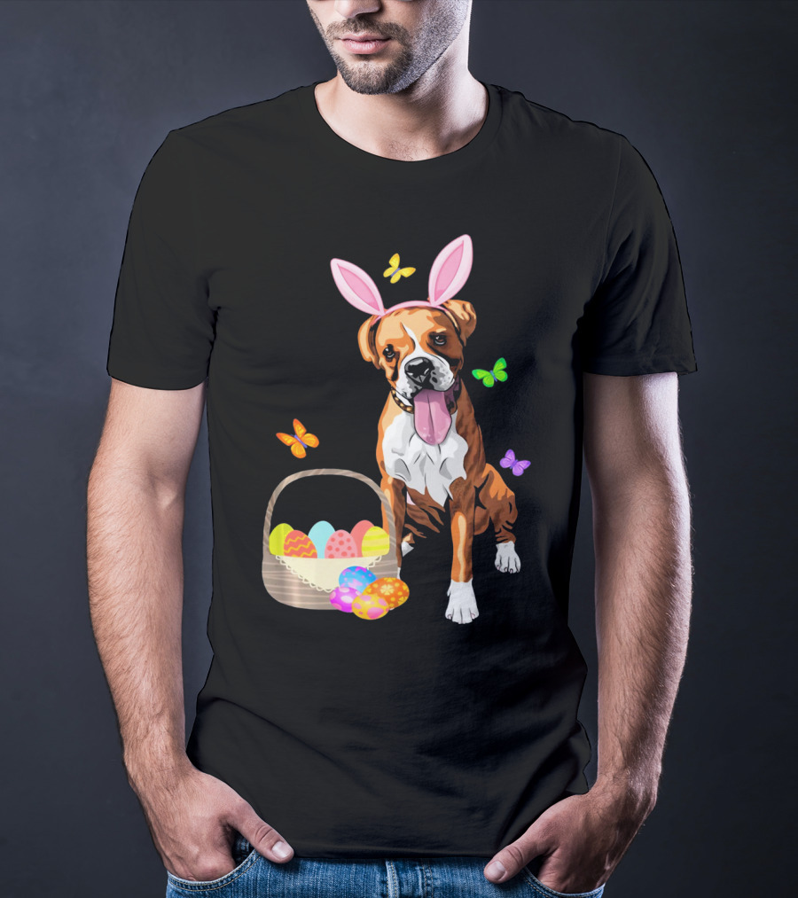 Girls Happy Easter Bunny Boxer Dog With Easter Eggs And Butterflies T-Shirt
