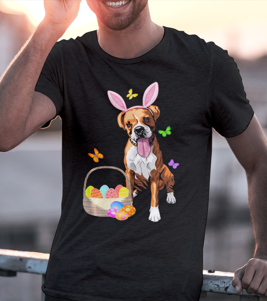 Girls Happy Easter Bunny Boxer Dog With Easter Eggs And Butterflies T-Shirt
