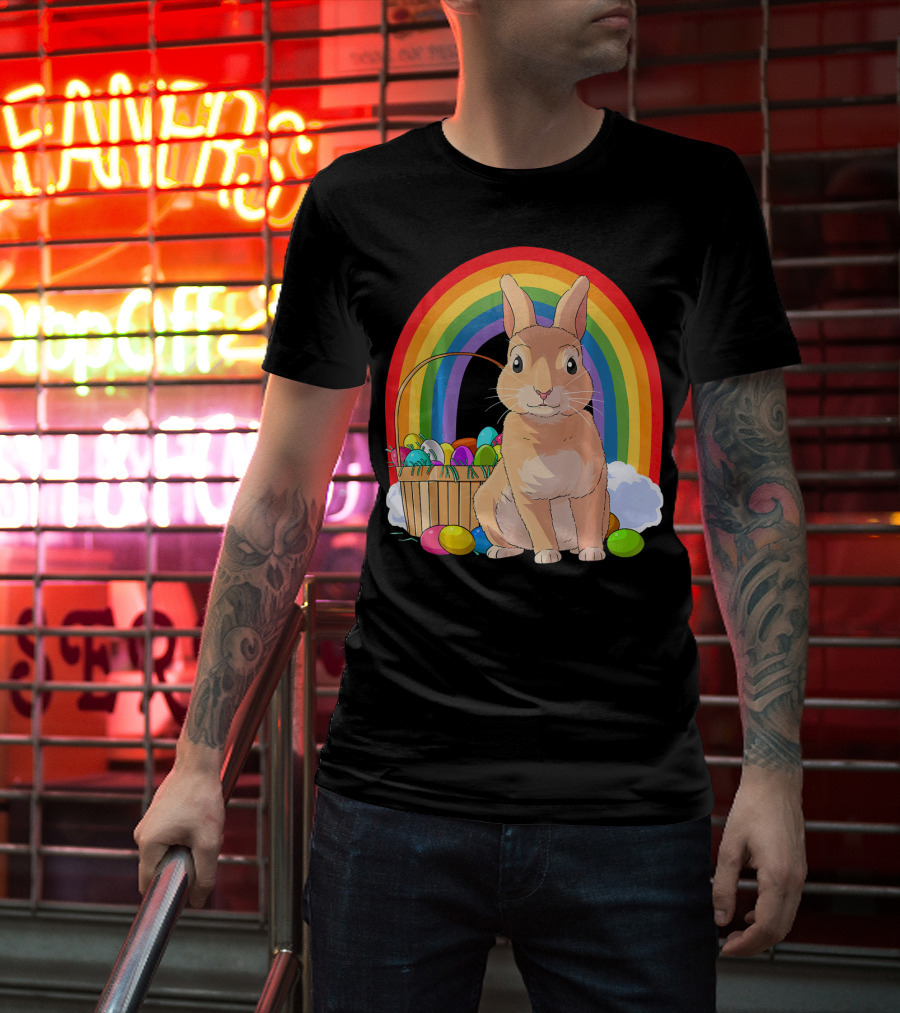 Bunny Rabbit With Easter Eggs And Rainbow For Kids Easter T-Shirt