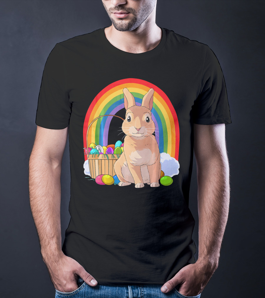 Bunny Rabbit With Easter Eggs And Rainbow For Kids Easter T-Shirt