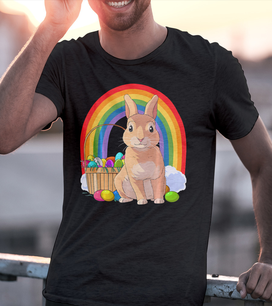 Bunny Rabbit With Easter Eggs And Rainbow For Kids Easter T-Shirt