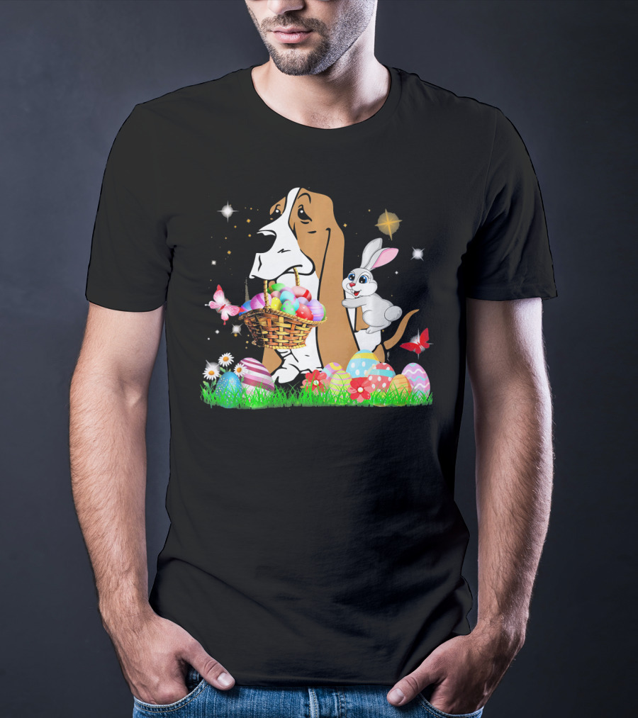 Basset Hound With Easter Eggs Basket And Bunny Surrounded By Colorful Eggs And Flowers T-Shirt