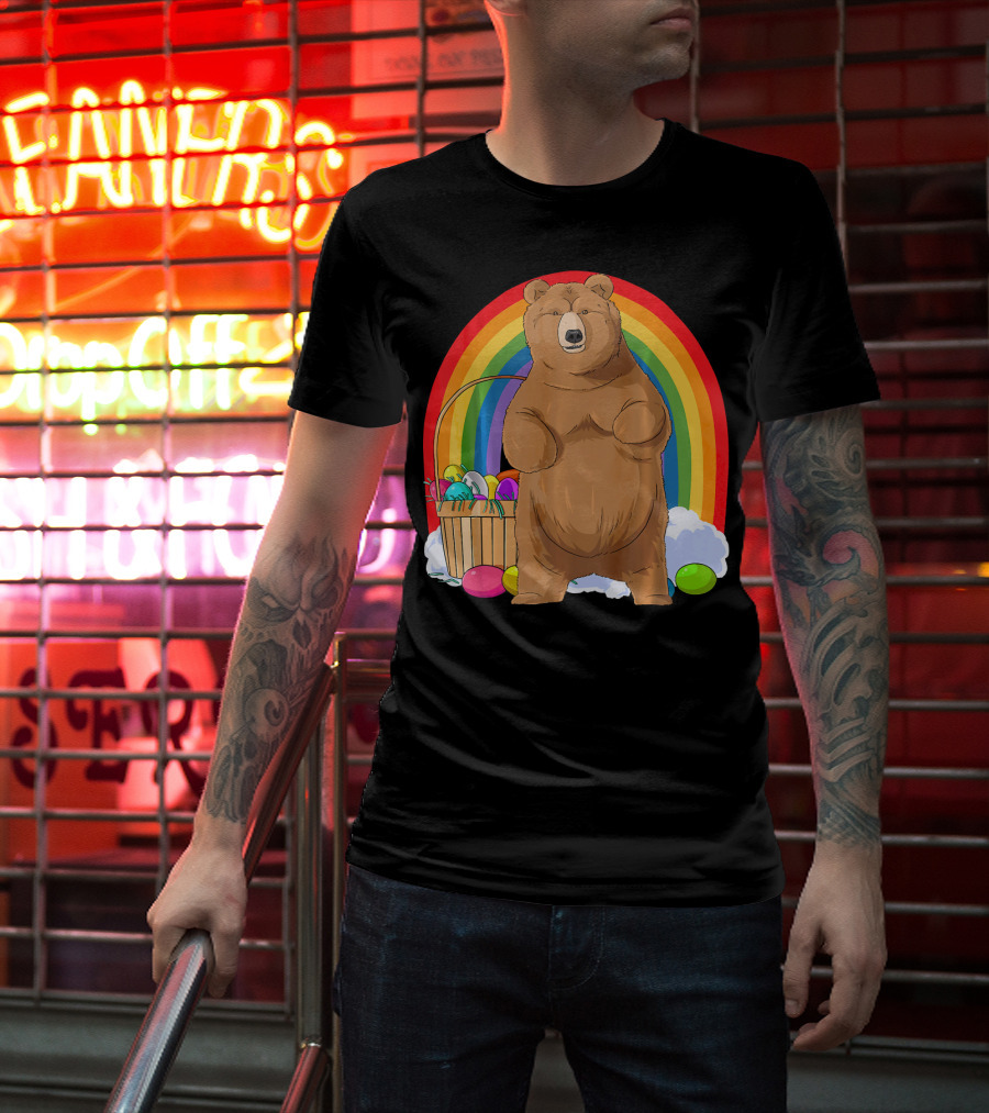 Bear With Easter Egg Basket And Rainbow Background T-Shirt