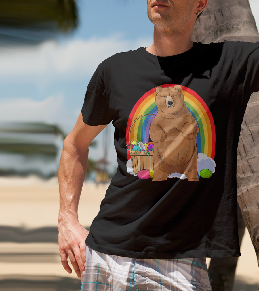 Bear With Easter Egg Basket And Rainbow Background T-Shirt
