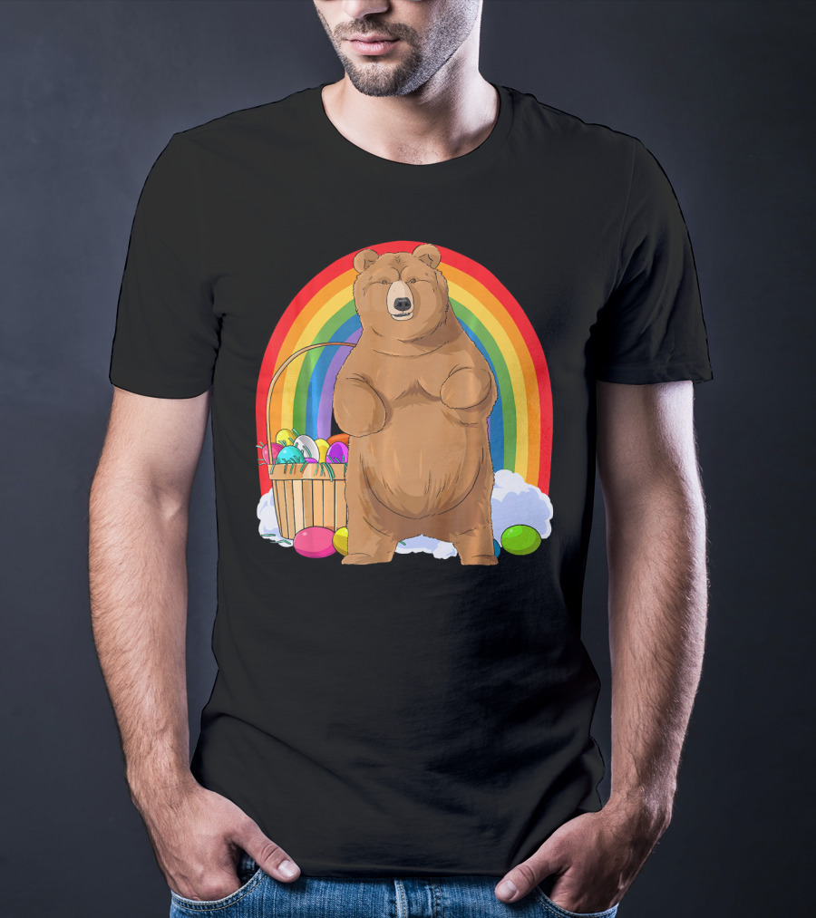 Bear With Easter Egg Basket And Rainbow Background T-Shirt