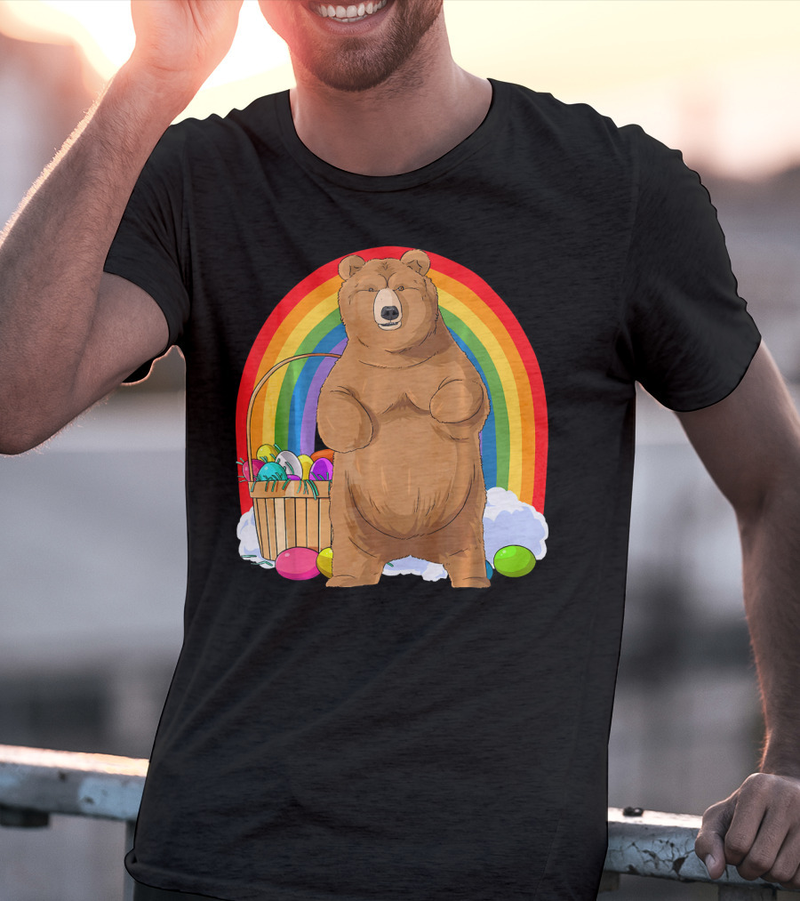 Bear With Easter Egg Basket And Rainbow Background T-Shirt