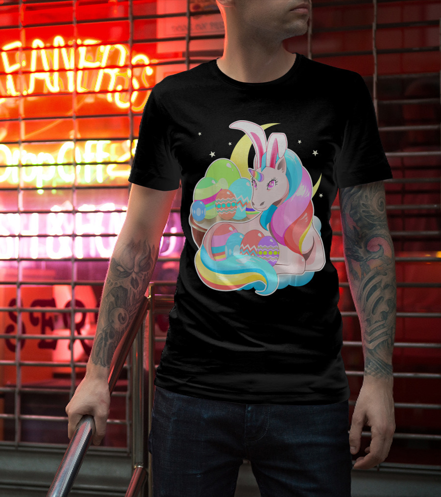 Unicorn Easter Bunny Ears Holiday Pastel Eggs And Moon Stars T-Shirt