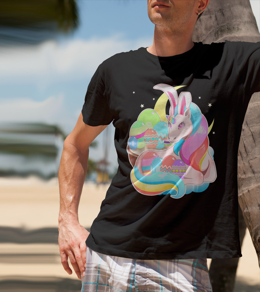Unicorn Easter Bunny Ears Holiday Pastel Eggs And Moon Stars T-Shirt