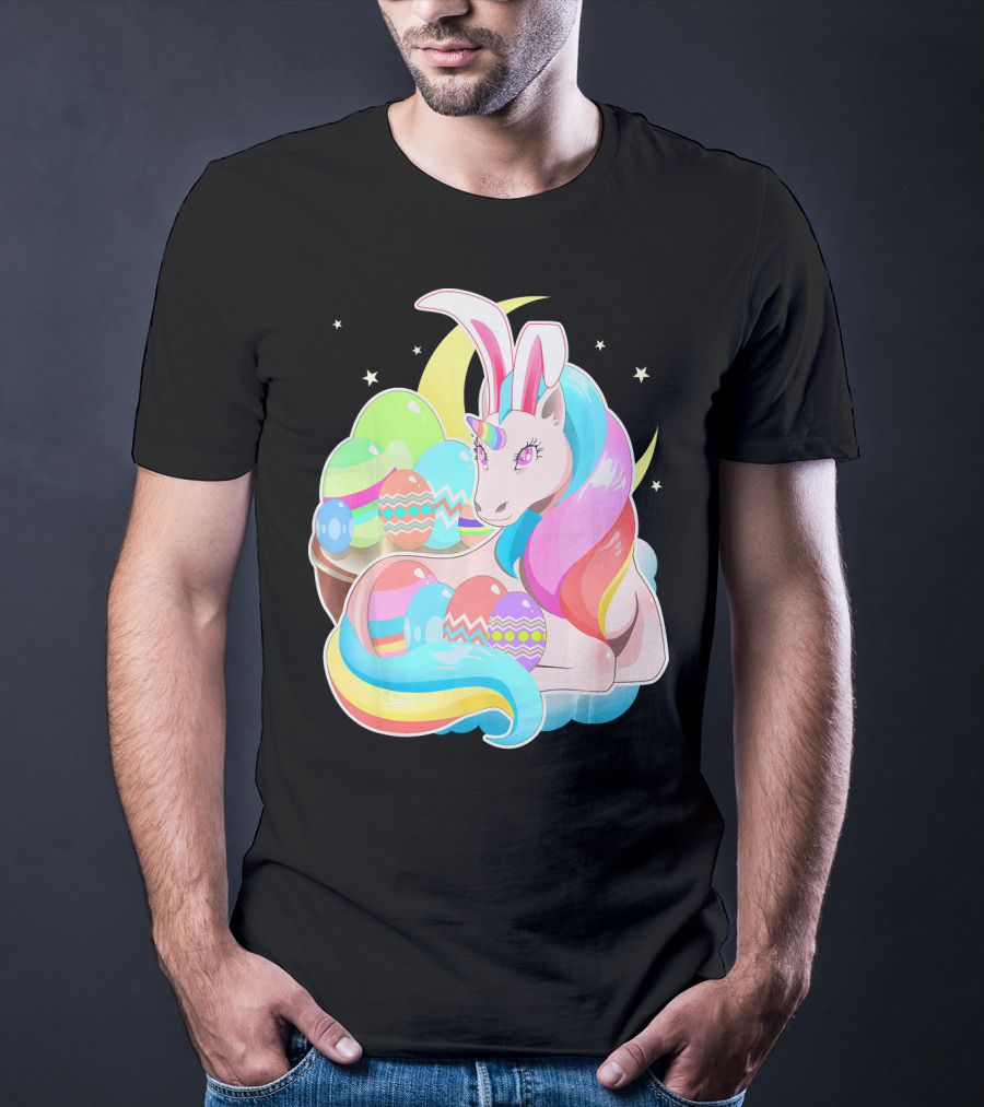 Unicorn Easter Bunny Ears Holiday Pastel Eggs And Moon Stars T-Shirt