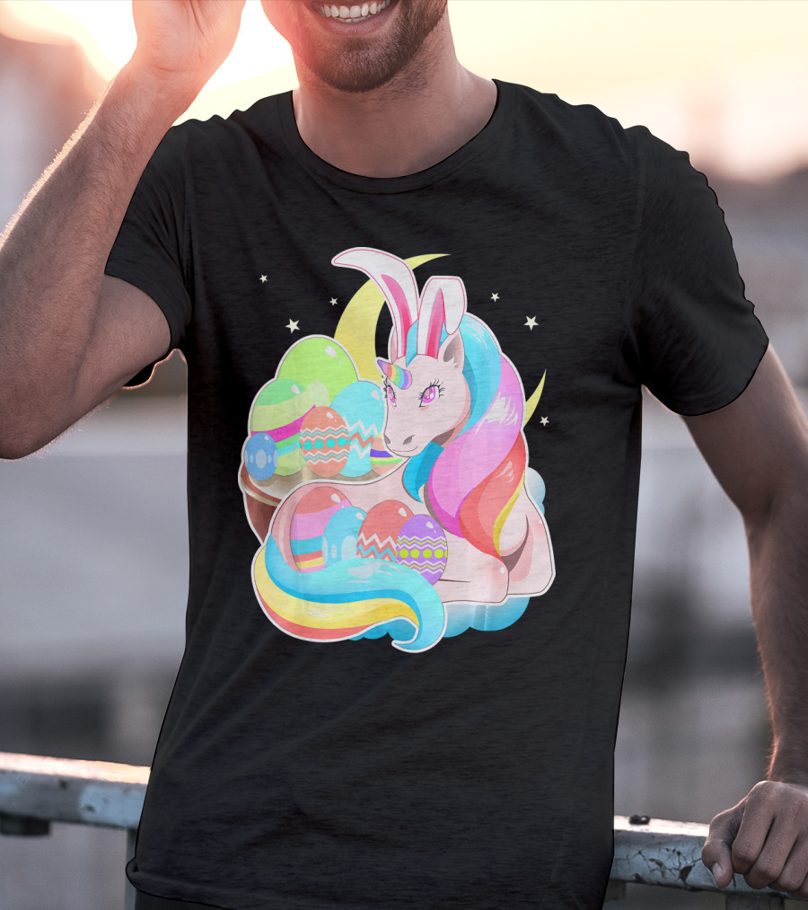 Unicorn Easter Bunny Ears Holiday Pastel Eggs And Moon Stars T-Shirt