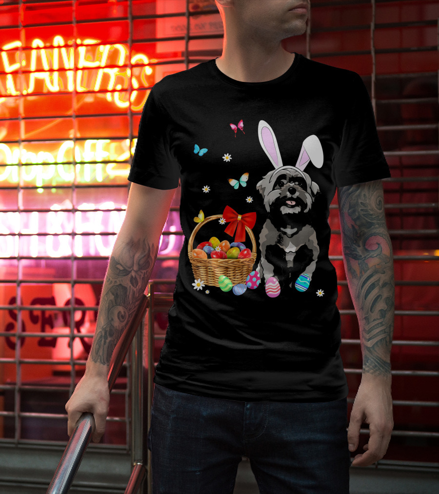 Shih Tzu With Bunny Ears And Easter Egg Basket With Butterflies And Flowers T-Shirt