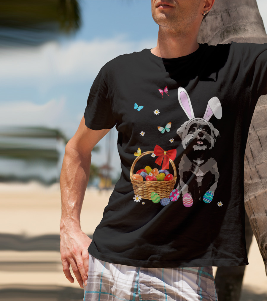 Shih Tzu With Bunny Ears And Easter Egg Basket With Butterflies And Flowers T-Shirt