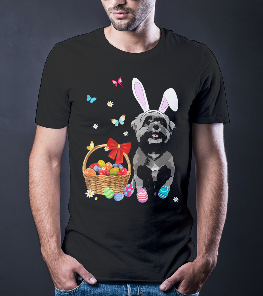 Shih Tzu With Bunny Ears And Easter Egg Basket With Butterflies And Flowers T-Shirt