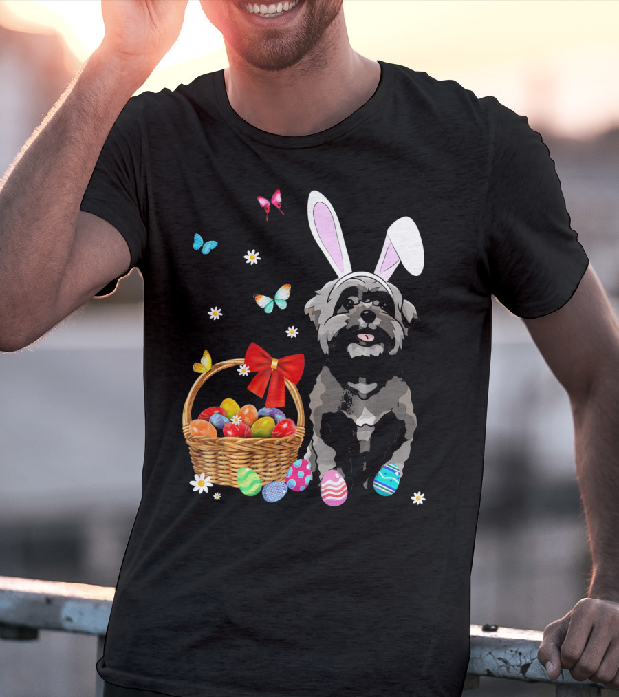 Shih Tzu With Bunny Ears And Easter Egg Basket With Butterflies And Flowers T-Shirt