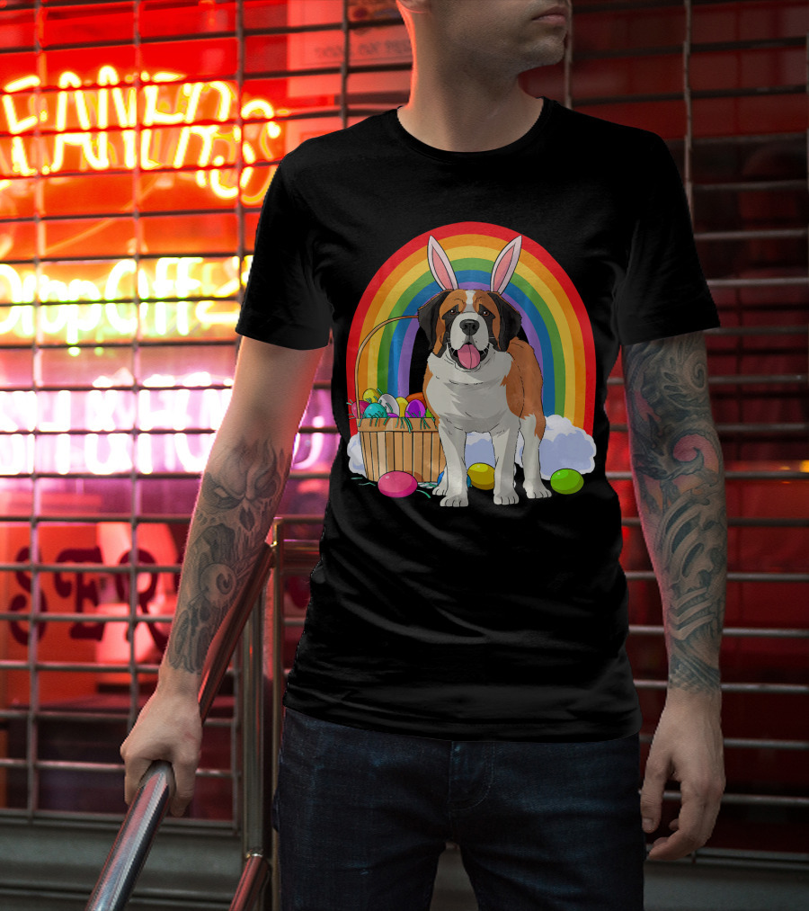 Saint Bernard Bunny Dog With Easter Eggs And Rainbow T-Shirt
