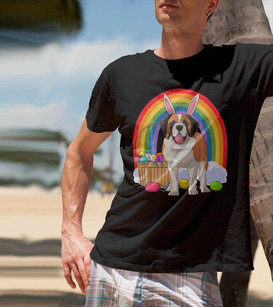 Saint Bernard Bunny Dog With Easter Eggs And Rainbow T-Shirt