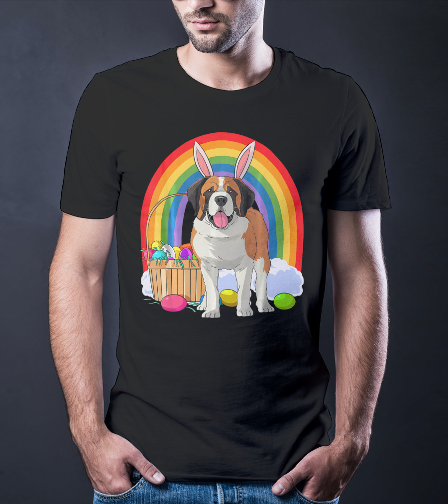 Saint Bernard Bunny Dog With Easter Eggs And Rainbow T-Shirt